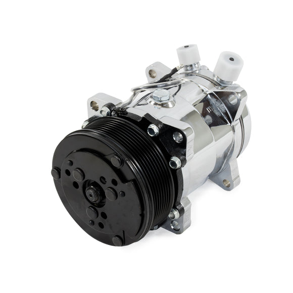 Top Street Performance A/C Compressor - Sanden 508 R134 Serpentine Belt, Chrome with Black Clutch