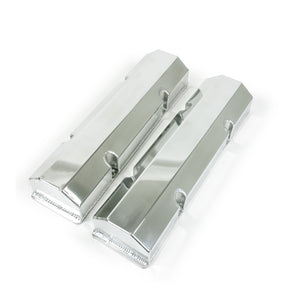 Top Street Performance Valve Covers - Fab. Alum., Short Bolt w/o Holes SBC Perim., Polished