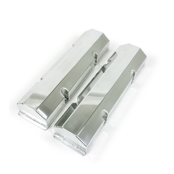 Top Street Performance Valve Covers - Fab. Alum., Short Bolt w/o Holes SBC Perim., Polished