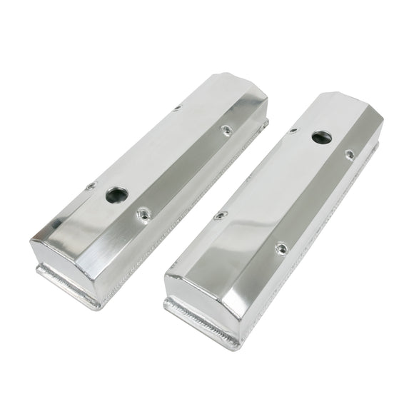 Top Street Performance Valve Covers - Fab. Alum., Long Bolt w/ Holes SBC Perim., Polished