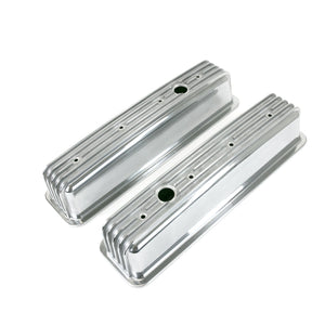 Top Street Performance Valve Covers - Cast Alum., Finned, Long Bolt w/ Holes - SBC Cen., Polished