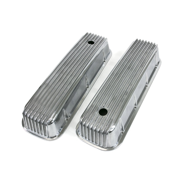 Top Street Performance Valve Covers - Cast Alum., Finned, Long Bolt w/ Holes - BBC, Polished